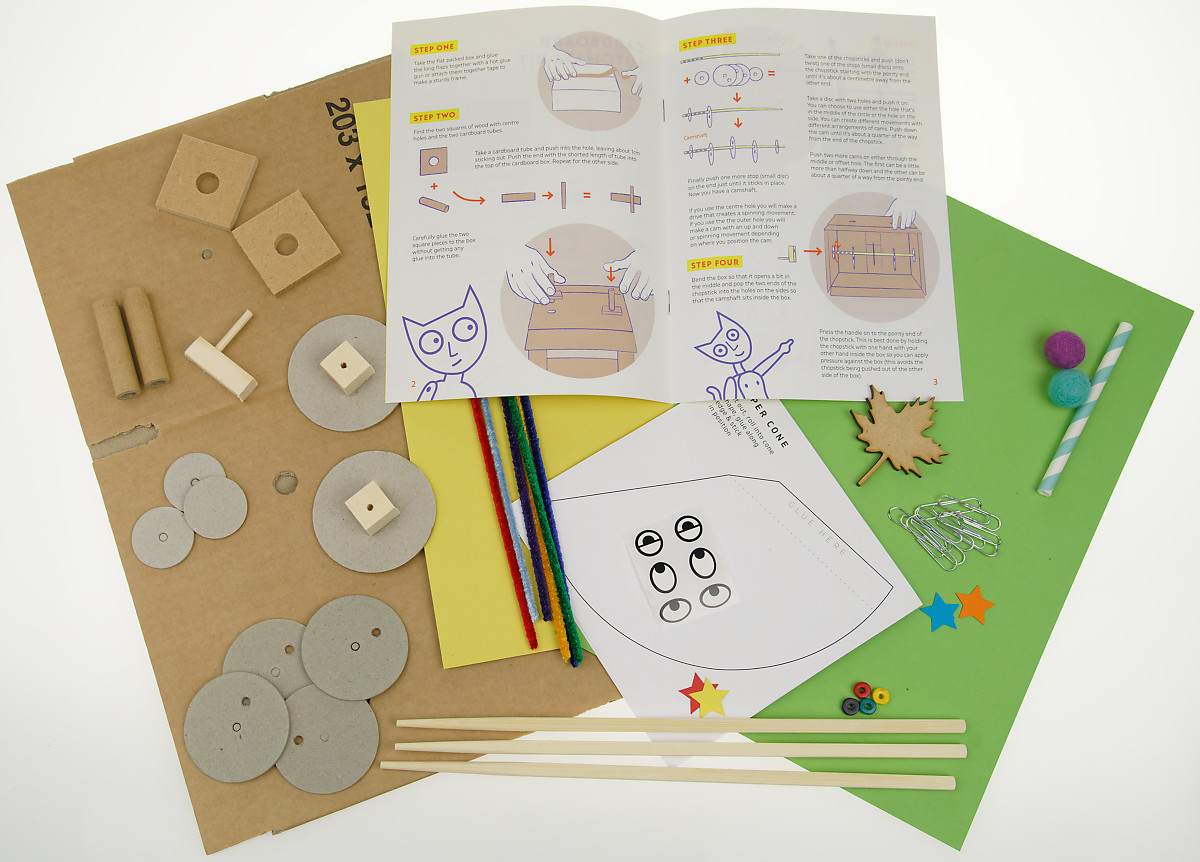 card pieces, components and instructions for cardboard automata kit