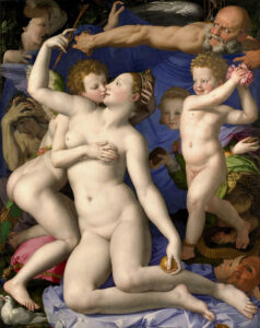 This is one of Bronzino's most complex and enigmatic paintings. It contains a tangle of moral messages, presented in a sexually explicit image. Venus, goddess of love, steals an arrow from her son Cupid's quiver as she kisses him on the lips. Cupid fondles Venus' breast, his bare buttocks provocatively thrust out as he returns her kiss and attempts to steal her crown.  The masks at Venus' feet suggest that she and Cupid exploit lust to mask deception. The howling figure on the left may be Jealousy; the boy scattering roses and stepping on a thorn could be Folly or Pleasure; the hybrid creature with the face of a girl, Fraud or Deceit. Winged Father Time battles with mask-like Oblivion to either reveal or conceal the scene.