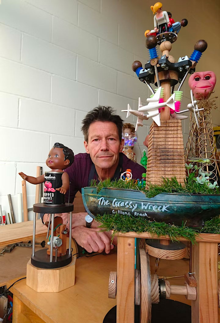 Stephen Guy with his mechanical machines made from old toys
