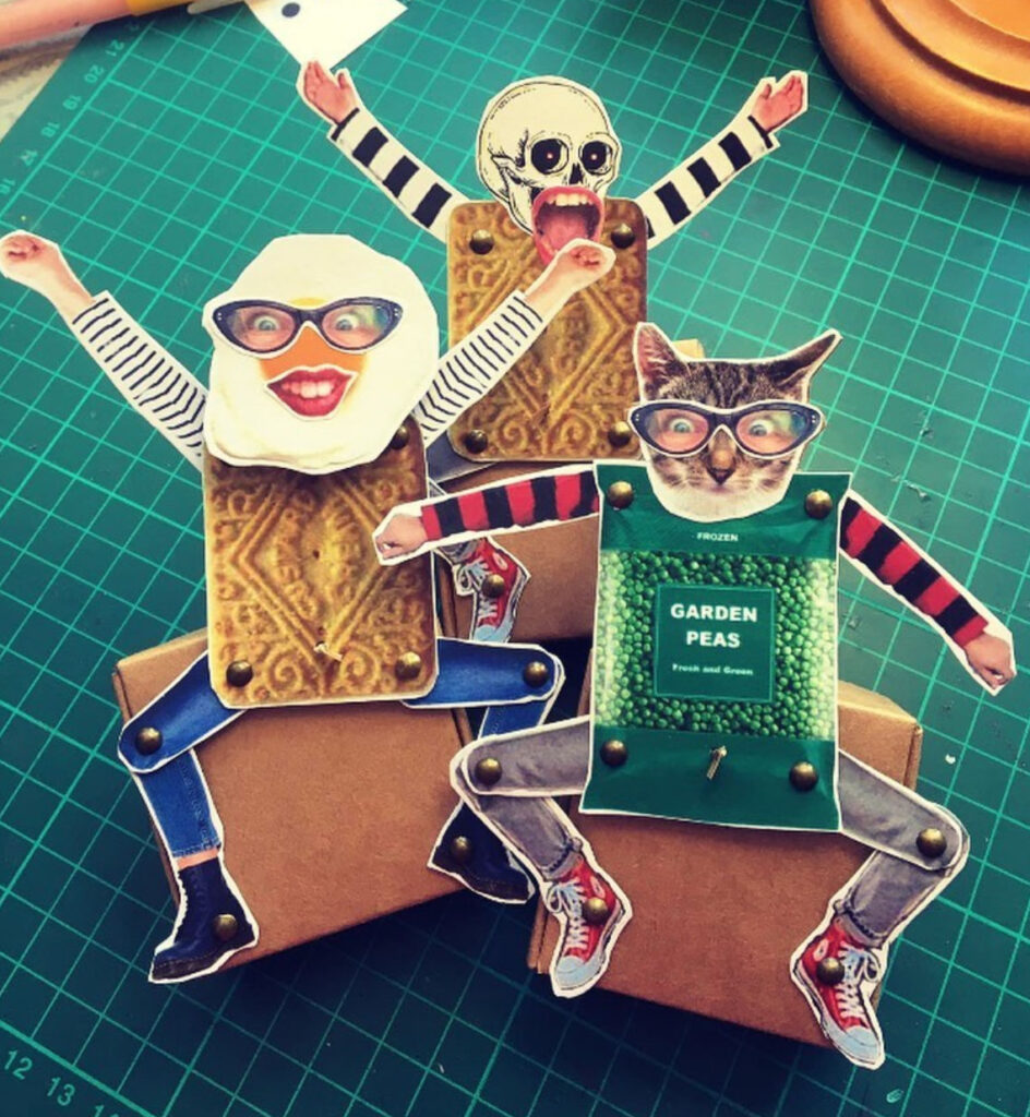 3 mini automata kits. Joyful character made from collage pieces including biscuits, fried eggs and a packet of peas.