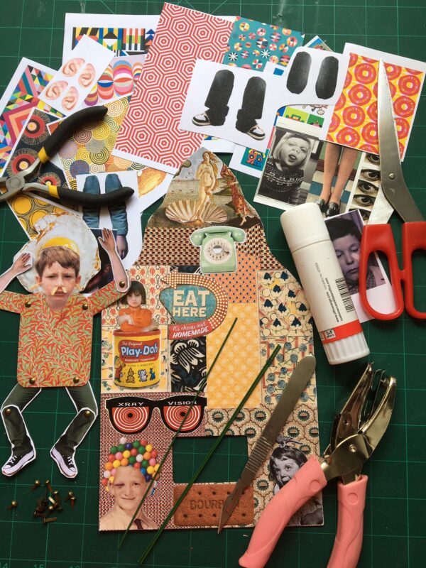 Bright, collage pieces laid out with wire, scissors and glue.