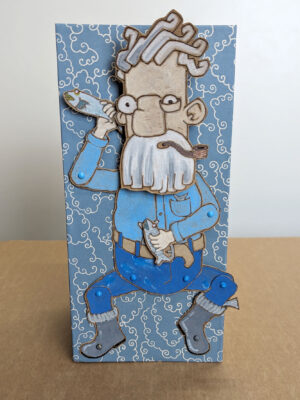 A cartoony man in blue clothes with a big beard and smoking a pipe. He holds a fish in each hand. A tentacle is appearing behind him