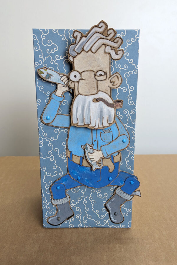 A cartoony man in blue clothes with a big beard and smoking a pipe. He holds a fish in each hand. A tentacle is appearing behind him