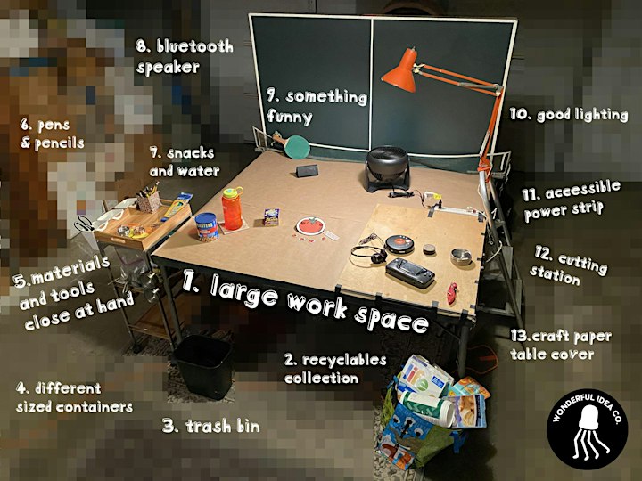 An example of a table set up for tinkering whilst joining an online workshop.